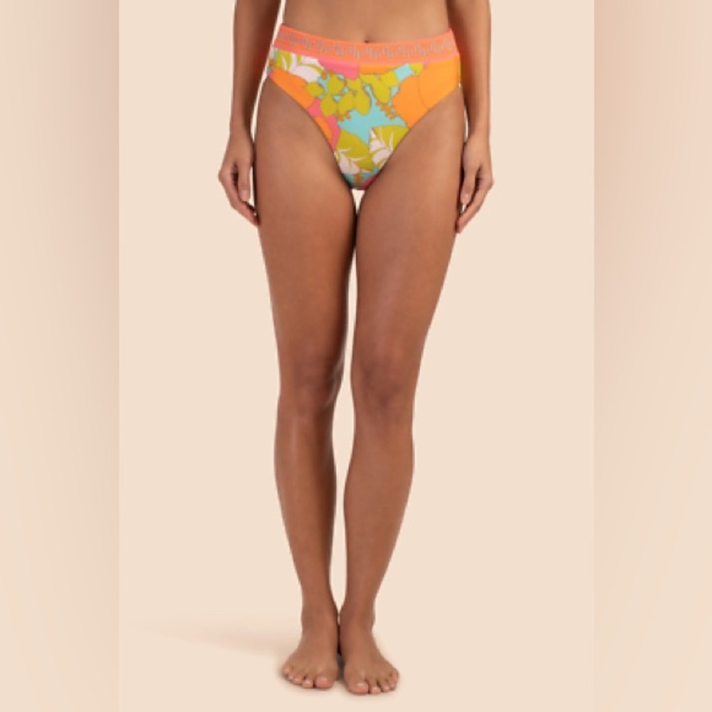 Trina Turk Orange and Aqua Floral High-Rise Bikini Bottom
